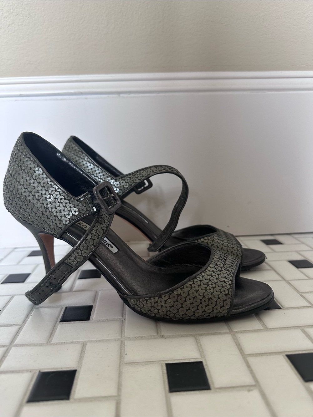 Manolo Blahnik Sequined Gray Mary Jane Heels - 37.5